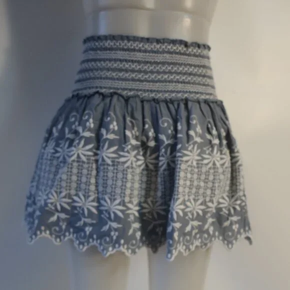 Womens LoveShackFancy Georgia Light Indigo Blue White Embroidered A-Line Skirt 0 - Picture 6 of 8